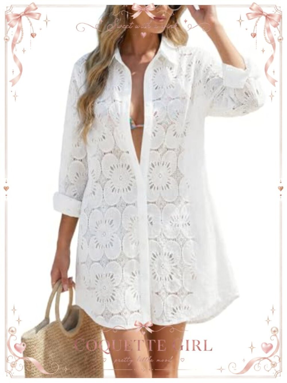Eyelet Swimsuit Cover Up Button Down Beach Shirt Dress Long Sleeve with Pockets